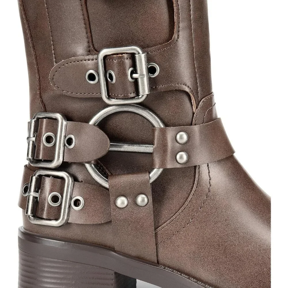 ⚡Women's Tan Polyurethane Knee High Riding Side Zipper Chunky Heel Boots - Picture 6 of 7